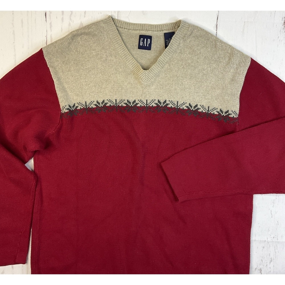 Gap Mens Medium Knit Sweater 100% Cotton V-Neck Nordic Colorblock 2229 Vintage
